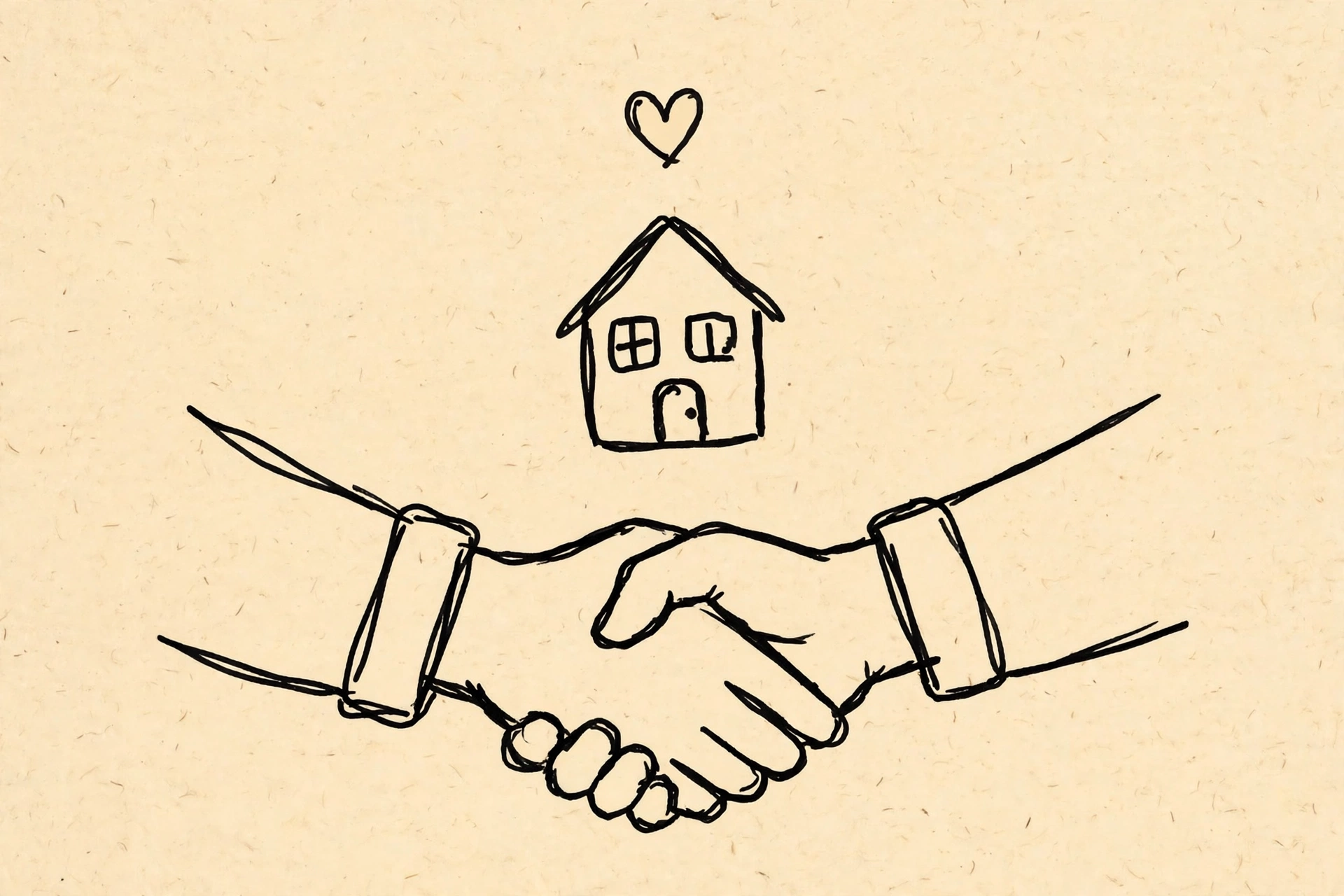 Doodle of a handshake under a house with a heart